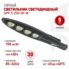 Уличный светильник ЭРА SPP-5-200-5K-W 200Вт 5000К 22000лм IP65 КСС Ш-aб IC-COB 48-60мм