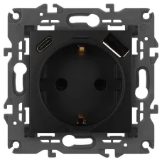 Розетка ЭРА Elegance 14-4108-05 2P+E 16A-250В со шторками с USB type-A+C 5В-3А антрацит