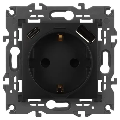 Розетка ЭРА Elegance 14-4108-05 2P+E 16A-250В со шторками с USB type-A+C 5В-3А антрацит