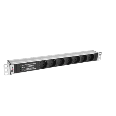 Блок розеток Rem-10 без шнура с фил. и инд., 7 Sсhuko, вход IEC 60320 C14, 10A, алюм., 19''
