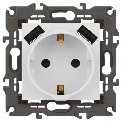 Розетка ЭРА Elegance 14-4109-01М 2P+E 16A-250В, штор. с 2xUSB 5В-3А, белый матовый