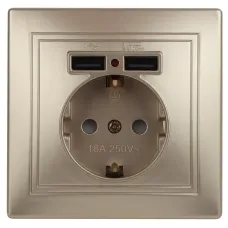 Розетка Intro Plano 1-410-04 с заземлением 2P+E Schuko со шторками, 16А-250В + 2хUSB 5В-2,1А, IP20, СУ, шампань