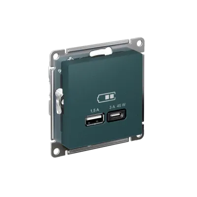 ATLASDESIGN USB РОЗЕТКА A + тип-C 45W высокоскор.заряд. QC,PD, механизм, ИЗУМРУД