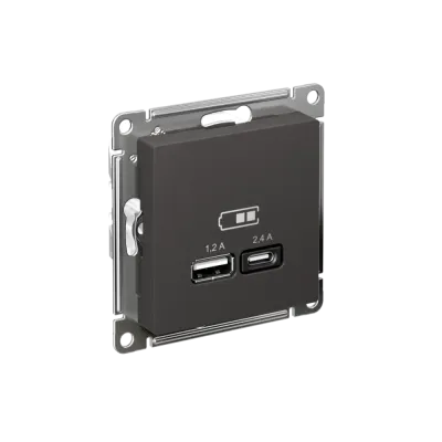 ATLASDESIGN USB РОЗЕТКА А+С, 5В/2,4 А, 2х5В/1,2 А, механизм, БАЗАЛЬТ