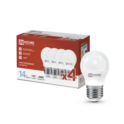 Лампа светодиодная LED-ШАР-VC 4PACK 14Вт 230В Е27 6500К 1330Лм (4шт./упак) IN HOME