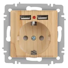 Розетка Intro Accent 6-410-11 , P+E Schuko со шторками, 16А-250В + 2хUSB, IP20, СУ, сосна