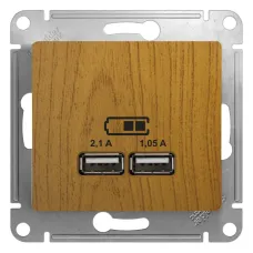 GLOSSA USB РОЗЕТКА, 5В/2100мА, 2х5В/1050мА, механизм, ДЕРЕВО ДУБ