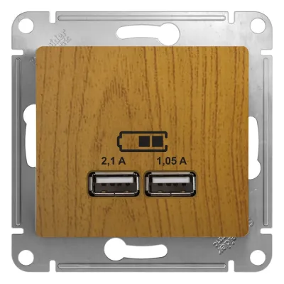 GLOSSA USB РОЗЕТКА, 5В/2100мА, 2х5В/1050мА, механизм, ДЕРЕВО ДУБ
