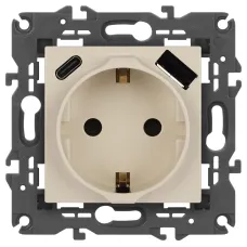 Розетка ЭРА Elegance 14-4108-02 2P+E 16A-250В со шторками с USB type-A+C 5В-3А слоновая кость