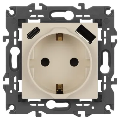 Розетка ЭРА Elegance 14-4108-02 2P+E 16A-250В со шторками с USB type-A+C 5В-3А слоновая кость