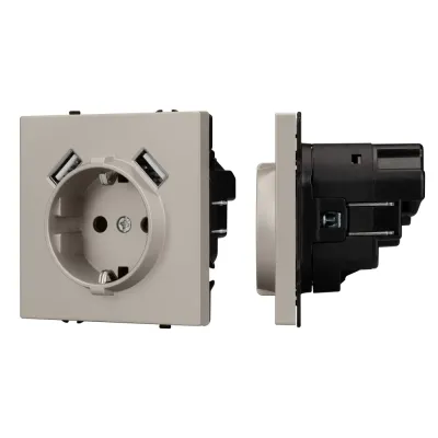 Розетка с заземляющим контактом со шторками с USB NOBE тип А+С 250 В, 16 A SCT-MUAA-SFPL-CA софт-тач кашемир 1 пост