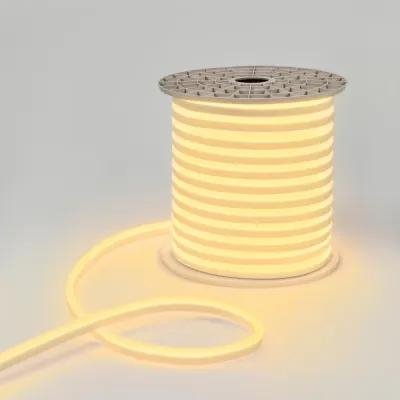 Гибкий неон 15х26мм односторонний 120 LED/м ТЕПЛЫЙ БЕЛЫЙ 230В бухта 50м (c комплектом подключения)