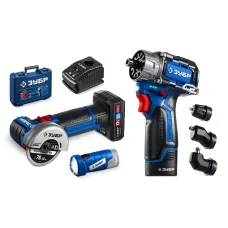 Набор, дрель-шуруповерт, мини УШМ, LED фонарь, КОМБИ 5, BRUSHLESS, 12 В, 45 Н·м, 2 АКБ тип Т7 4 и 2 А·ч, кейс, Профессионал