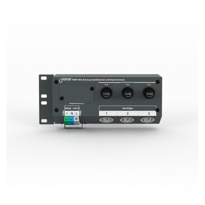 Sonar RDIP-050A (v2) - блок распределения основного питания 220В 50Гц, с креплением на заднюю раму шкафа, 1 вход -3 винтовые зажимные клеммы (земля-фаза-н