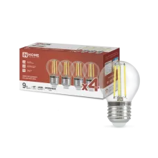 Лампа светодиодная LED-ШАР-deco 4PACK 9Вт 230В Е27 4000К 1040Лм (4шт./упак) прозрачная IN HOME
