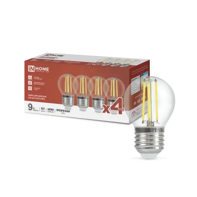 Лампа светодиодная LED-ШАР-deco 4PACK 9Вт 230В Е27 4000К 1040Лм (4шт./упак) прозрачная IN HOME