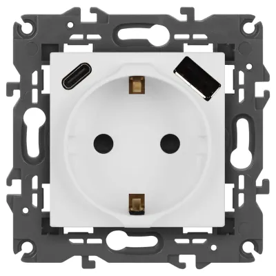 Розетка ЭРА Elegance 14-4108-01М 2P+E 16A-250В со шторками с USB type-A+C 5В-3А белый матовый