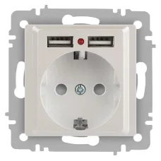 Розетка Intro Accent 6-410-06 , P+E Schuko со шторками, 16А-250В + 2хUSB, IP20, СУ, перламутр
