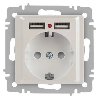 Розетка Intro Accent 6-410-06 , P+E Schuko со шторками, 16А-250В + 2хUSB, IP20, СУ, перламутр