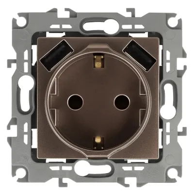 12-4109-13 ЭРА Розетка 2P+E 16A-250В, штор. с 2xUSB 5В-3А, Эра12, бронза (10/100/2000)