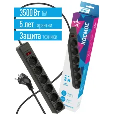 Фильтр сетевой 3м 6 гнезд, пвс 3х1мм2, черный, с заземлением, индикатор сети
