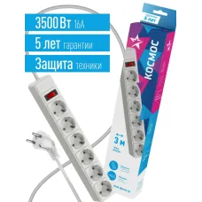 Фильтр сетевой 3м 6 гнезд, пвс 3х1мм2, белый, с заземлением, индикатор сети