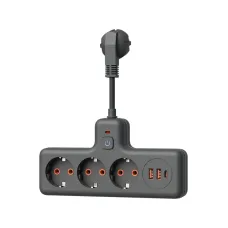 Сетевой фильтр компакт 10А 2500Вт 3 гнезда, выкл, 10 см ПВС 3х1мм2 2USB+ 1USBC черный