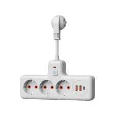 Сетевой фильтр компакт 10А 2500Вт 3 гнезда, выкл, 10 см ПВС 3х1мм2 2USB+ 1USBC Белый