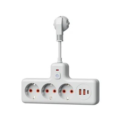 Сетевой фильтр компакт 10А 2500Вт 3 гнезда, выкл, 10 см ПВС 3х1мм2 2USB+ 1USBC Белый
