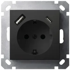Розетка Schuko с USB A+C с защитными шторками 16A 250V~ 2P+T USB 25W, цвет черный матовый (soft touch)