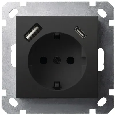 Розетка Schuko с USB A+C с защитными шторками 16A 250V~ 2P+T USB 25W, цвет черный матовый (soft touch)