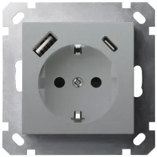 Розетка Schuko с USB A+C с защитными шторками 16A 250V~ 2P+T USB 25W, цвет Алюминий