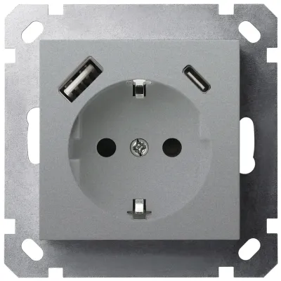 Розетка Schuko с USB A+C с защитными шторками 16A 250V~ 2P+T USB 25W, цвет Алюминий