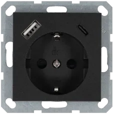 Розетка Schuko с USB A+C с защитными шторками 16A 250V~ 2P+T USB 25W, цвет Антрацит