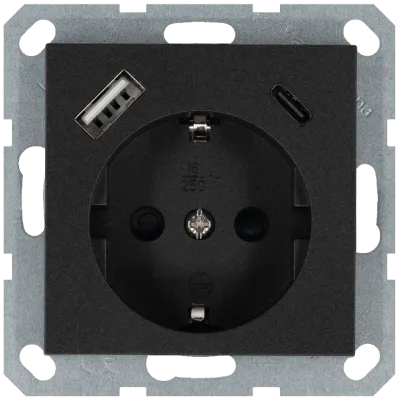 Розетка Schuko с USB A+C с защитными шторками 16A 250V~ 2P+T USB 25W, цвет Антрацит