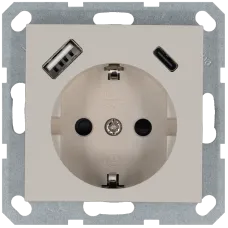 Розетка Schuko с USB A+C с защитными шторками 16A 250V~ 2P+T USB 25W, цвет Тауп