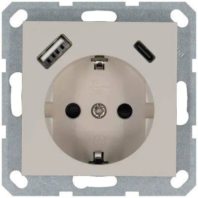 Розетка Schuko с USB A+C с защитными шторками 16A 250V~ 2P+T USB 25W, цвет Тауп
