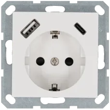 Розетка Schuko с USB A+C с защитными шторками 16A 250V~ 2P+T USB 25W, цвет белый глянцевый