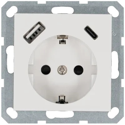 Розетка Schuko с USB A+C с защитными шторками 16A 250V~ 2P+T USB 25W, цвет белый глянцевый