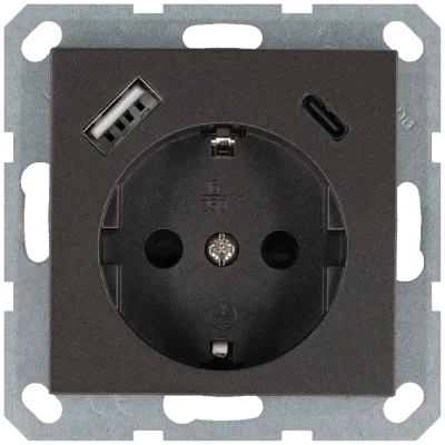 Розетка Schuko с USB A+C с защитными шторками 16A 250V~ 2P+T USB 25W, цвет Мокко