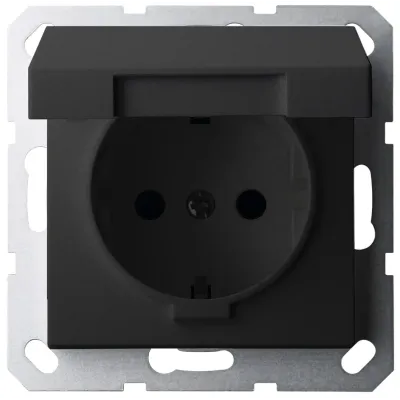 Розетка Schuko с крышкой и защитными шторками 16A 250V~ 2P+T, цвет черный матовый (soft touch)