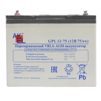 Аккумуляторная батарея GPL 12-75, 12В, 75Ач, вывод для подключения - отверстие под болт M6 (T6)