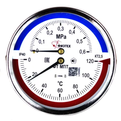 Термоманометр МПТ 0…120 С/0…0.6 МПа кт.2.5 d.100 IP40 G1/2 ОШ L64