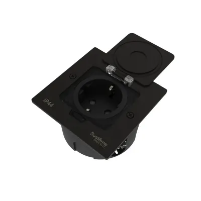 Лючок MultiDeS с розеткой 2К+З 16А/250В IP44 с монтажной коробкой для стены фальшпола стола Чёрный матовый тип MDK21