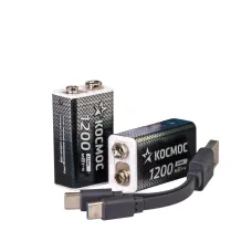 Аккумулятор 18650 Li-ion перезаряжаемый  9V Крона 1000 мАч зарядка от USB Type-C с кабелем для быстрой зарядки упаковка 2 штуки