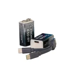 Аккумулятор 18650 Li-ion перезаряжаемый  9V Крона 500 мАч зарядка от USB Type-C с кабелем для быстрой зарядки упаковка 2 штуки