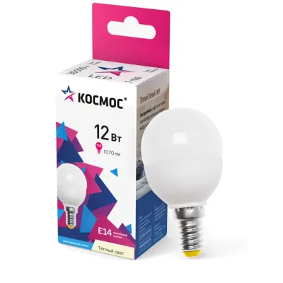 Лампа светодиодная LED 12Вт Шар 220В Е14 D45х90 3000К теплый 1070 лм