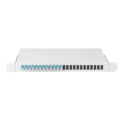 Оптический кросс 19'' Essential Line, 1U, укомплектованный на 24 порта LC/UPC (12 двойных LC/UPC адаптеров), SM 9/125 OS2, стальной, серый, в комплекте: адаптеры, мон