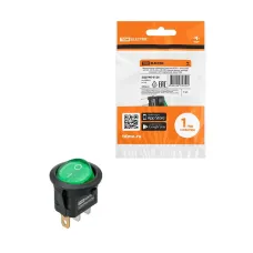 Выключатель клавишный круглый KCD11-101N 250В AC/DC, 1P, 3А, (3с), ON-OFF, черный корпус, зеленая клавиша с LED подсветкой, Micro TDM