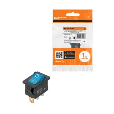 Выключатель клавишный KCD1-101N 12В AC/DC, 1P, 15А, (3с), ON-OFF, черный корпус, синяя клавиша с LED подсветкой, Mini TDM